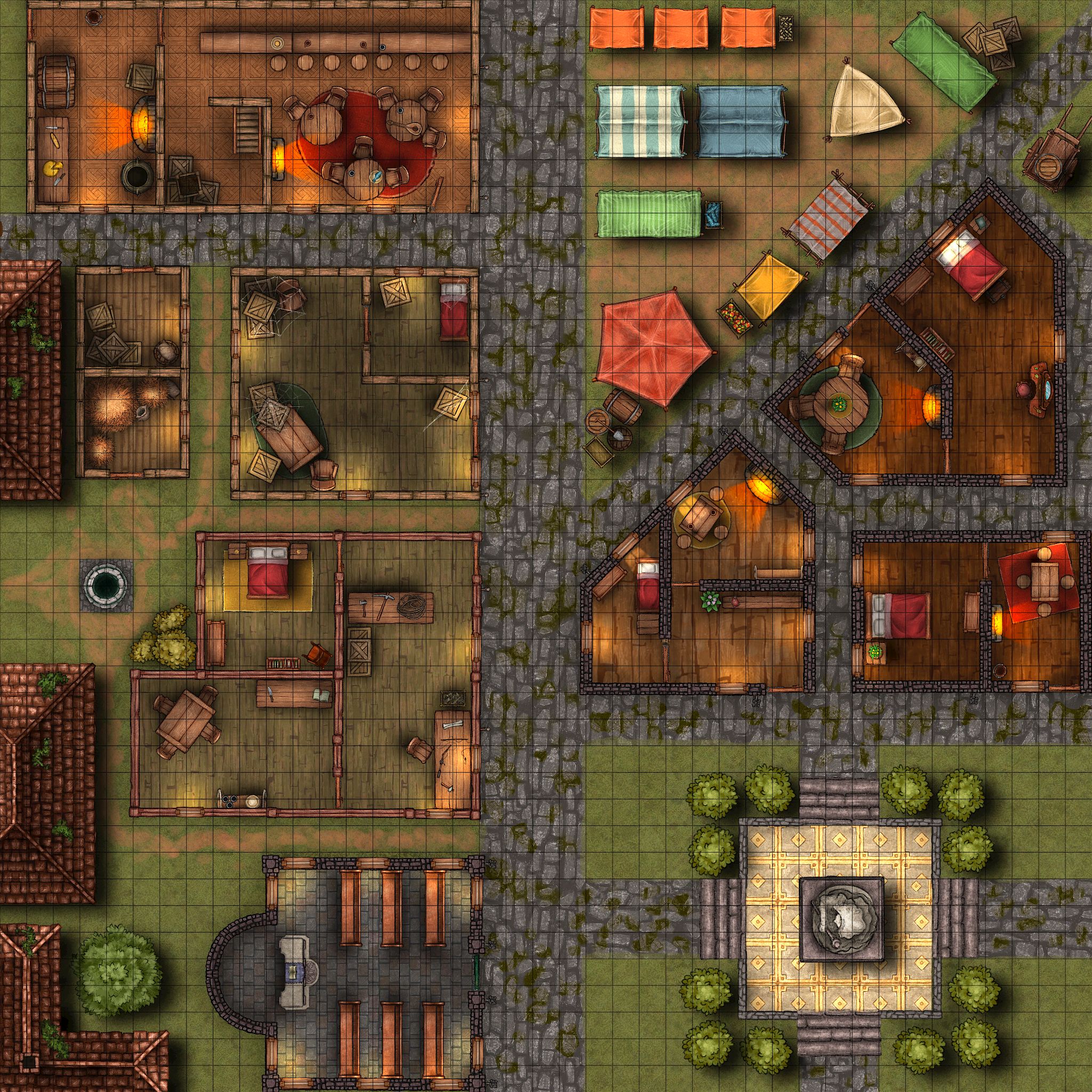 City Battle Map - Main Street with Back Alleys - Afternoon | Inkarnate